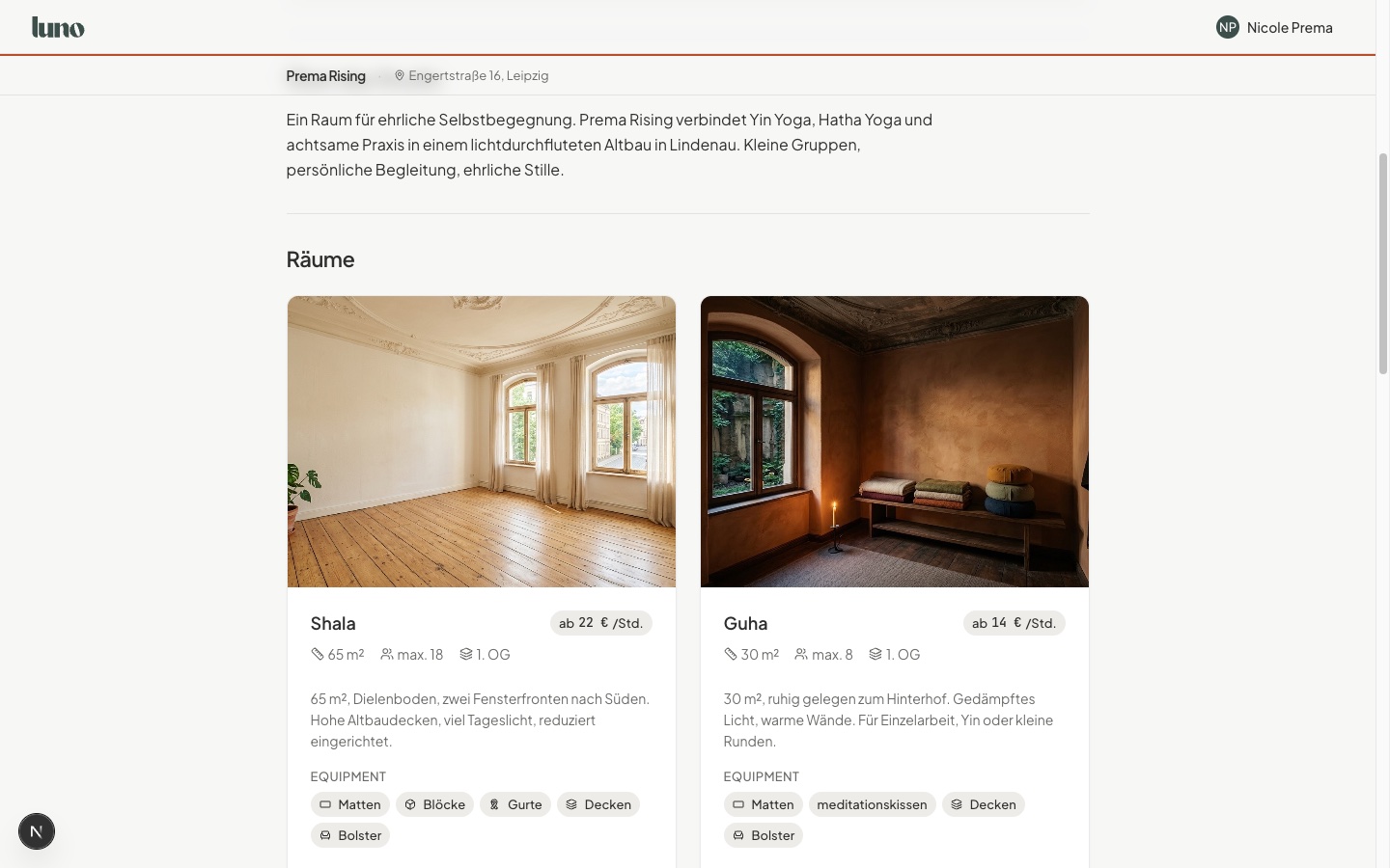 luno — Studio-Detailseite mit Raumkarten und Preisen