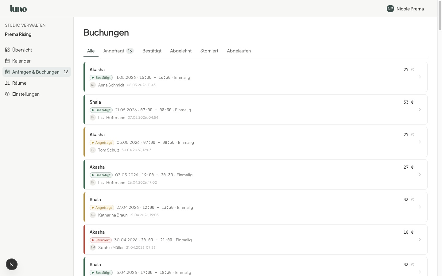 luno — Buchungsliste mit Status-Badges und Preisen